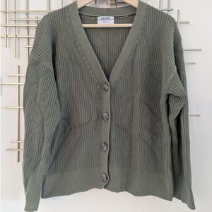 Old Navy Cardigan Sweater Olive Green Ribbed V Neck Button Front Women's Size L